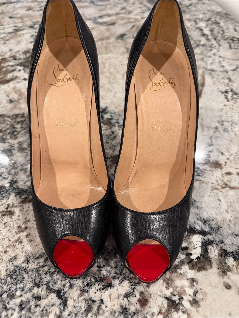 Christian Louboutin Black Leather Peep-Toe Pumps with Red Toe